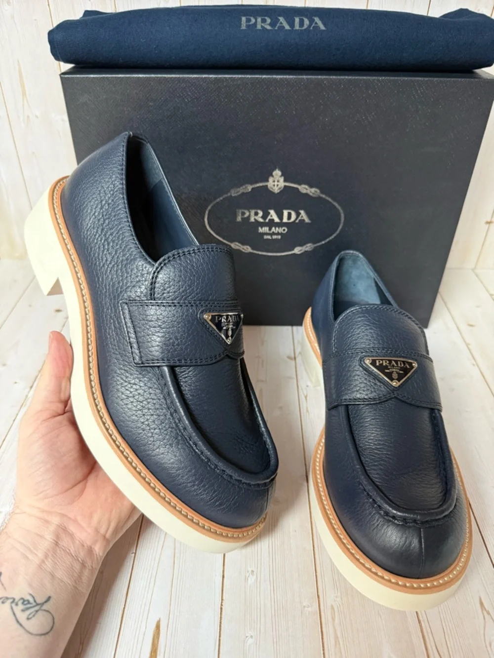 Prada Triangle-Logo Leather Loafers Navy Blue Sz 7.5UK / 8.5US - Picture 7 of 12